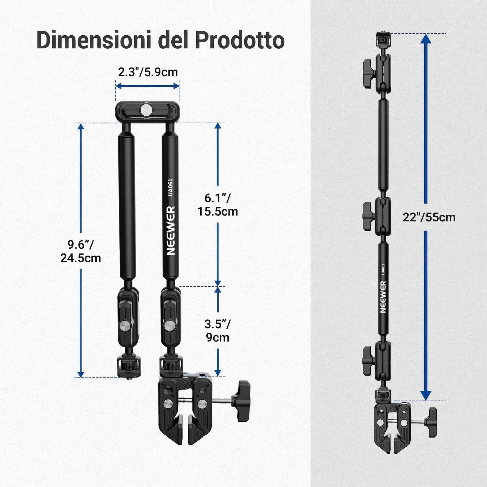 NEEWER BASICS 55cm Magic Arm da Scrivania con Super Clamp, Porta Telefono e Adattatore da 1/4" a 3/8", Braccio Microfono Supporto Overhead Accessori Fotografia per Mic ActionCam Webcam Luce LED, UA061