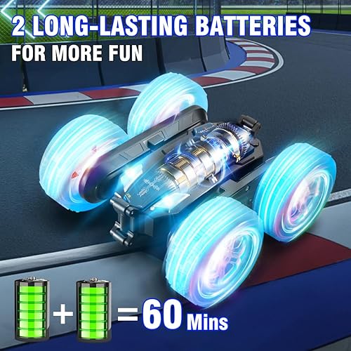Miniatura 5 de Auto de acrobacias con control remoto, nuevo auto actualizado de 2.4 GHz 4WD de doble cara giratoria de 360 con faros delanteros y luces de rueda,