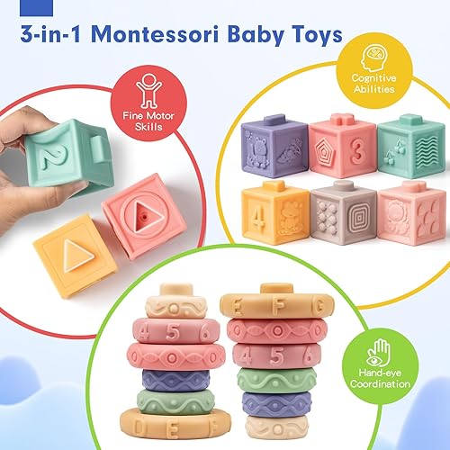 Miniatura 4 de Baby Sensory Teething Toys Set, Montessori Baby Toys 6-12 Months, Incl Newborn Rattle Teether & Baby Blocks & Soft Stacking Rings, Ideal Babies Boy