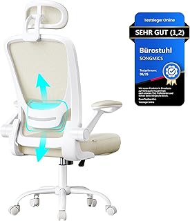 SONGMICS Bürostuhl ergonomisch, Drehstuhl mit Mesh, Lenden- und Kopfstütze, Wippfunktion, 53 cm große Sitzfläche, klappbare Armlehnen, Arbeits- und Schlafzimmer, Studenten, cappuccinobeige OBN047K01