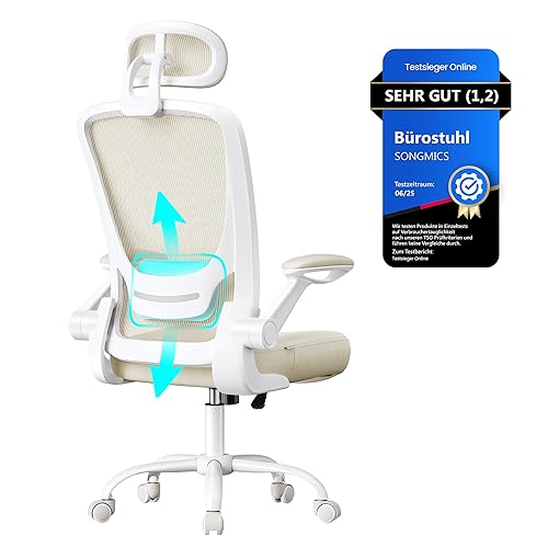 SONGMICS Bürostuhl ergonomisch, Drehstuhl mit Mesh, Lenden- und Kopfstütze, Wippfunktion, 53 cm große Sitzfläche, klappbare Armlehnen, Arbeits- und Schlafzimmer, Studenten, cappuccinobeige OBN047K01