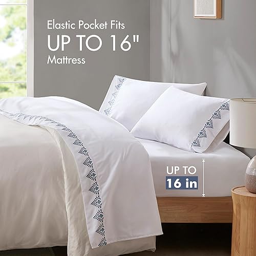 Miniatura 5 de Madison Park Juego de sábanas de microfibra cepillada suave, elegante diseño de dobladillo bordado, bolsillo elástico de 14 pulgadas que se adapta a