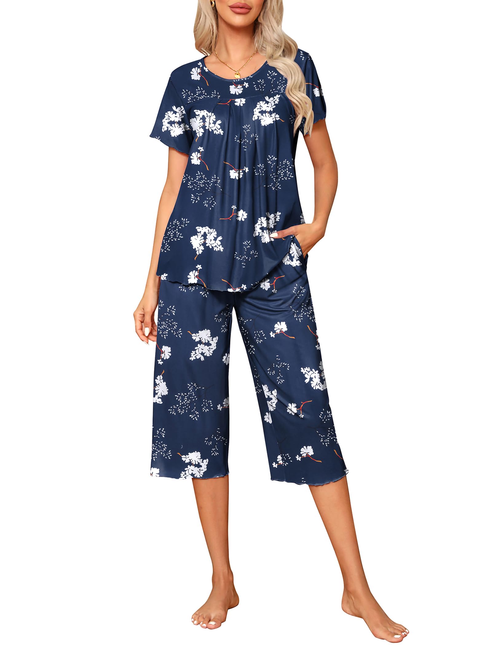 Ekouaer Pajama Set for Women 2 Piece Capri Pants Short Sleeve Top Sleepwear Soft Pjs Loungewear with Pockets S-3XL