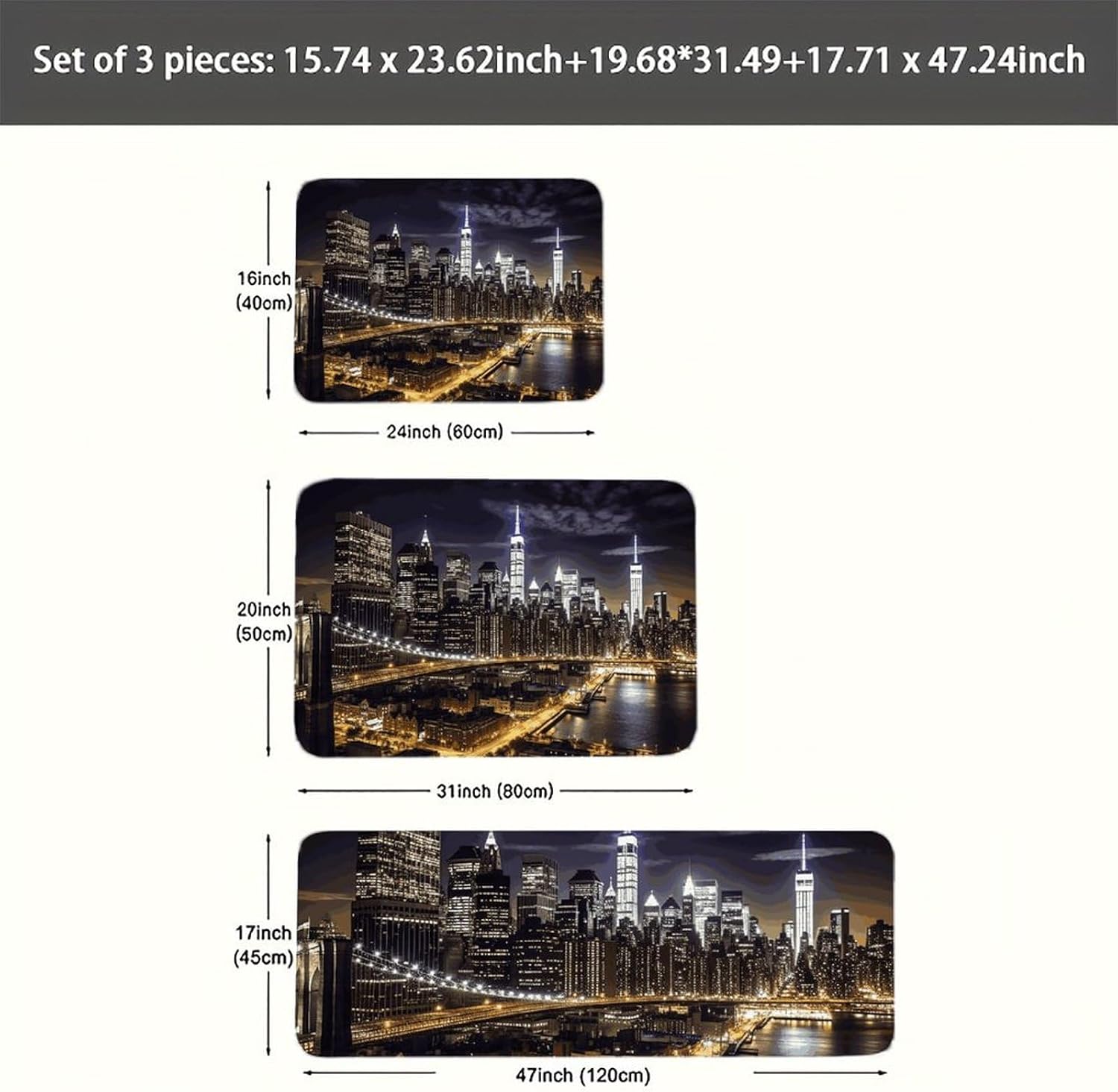 New York Night Kitchen Mats for Floor 3 Pcs Kitchen Rugs
