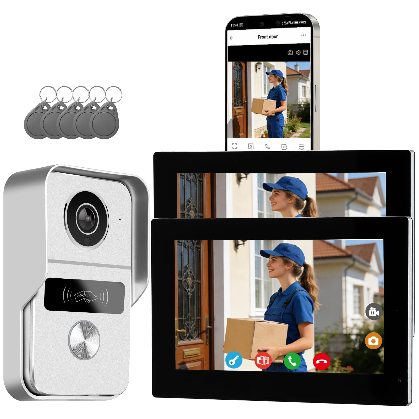 Videoportero Smartphone 2 Hilos, Timbre Video Mirilla y 7'' Pantalla Táctil, Visión Nocturna, Desbloqueo Remoto, Audio Bidireccionall para Chalet,casa, 2,4/5GHz, 1 cámara y 2 monitores