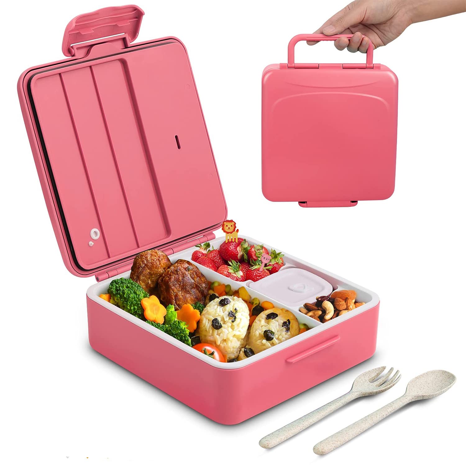 VUCATIN Bento Lunch Box for Kids, 1300ml Bento Box Lunch Containers with 4 compartments, Kids Bento Lunch Box with Sauce Jar/Spoon & Fork (Pink)