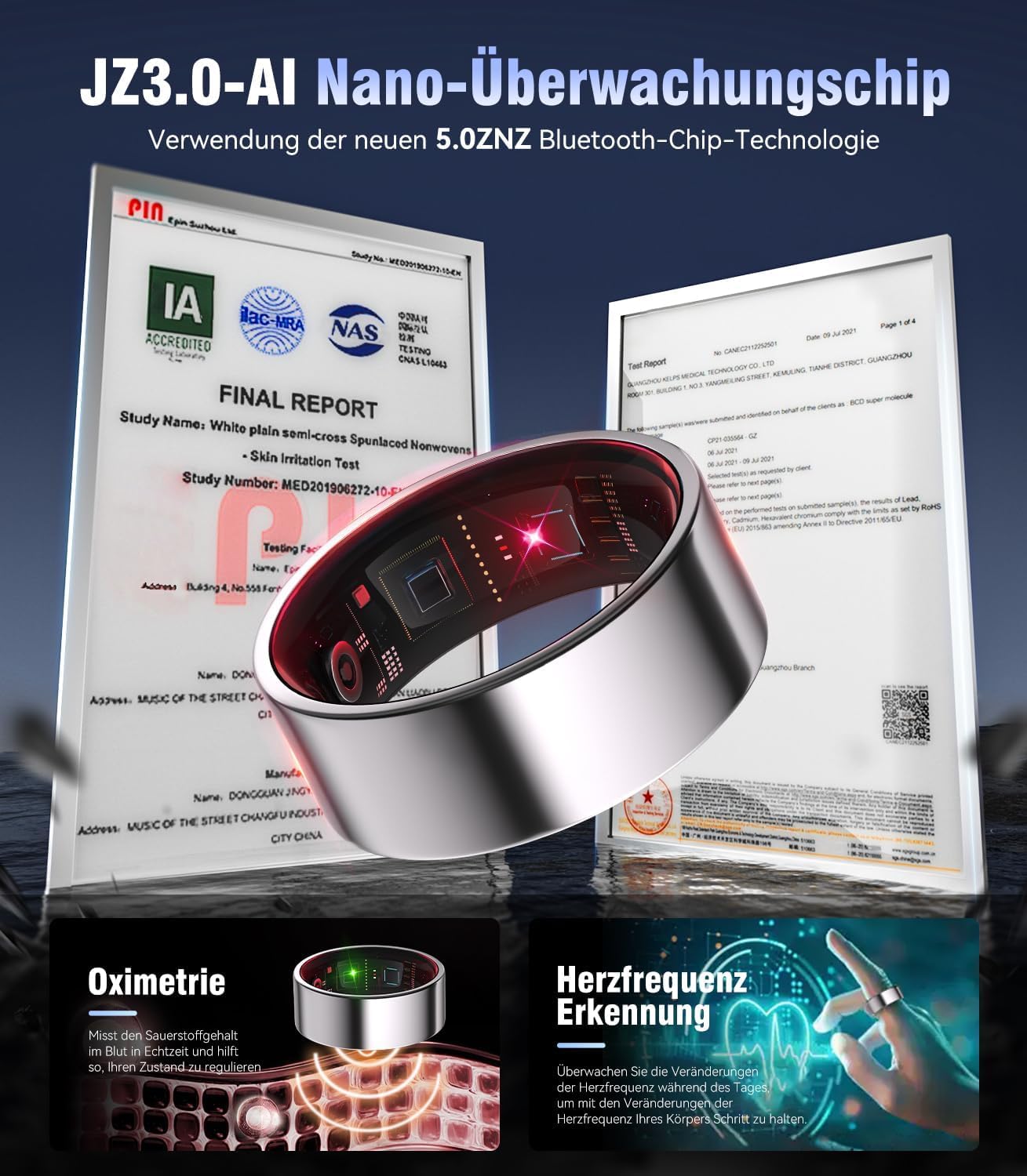 Smart Ring 8.Gen【Branchen Nr.1 – 0 Messfehler】【JZ5.0-Chip】 Sportspezifisch Smartring für Damen Herren Schlafen, SpO2, 200 Modi für Android IOS（Silber, 8）