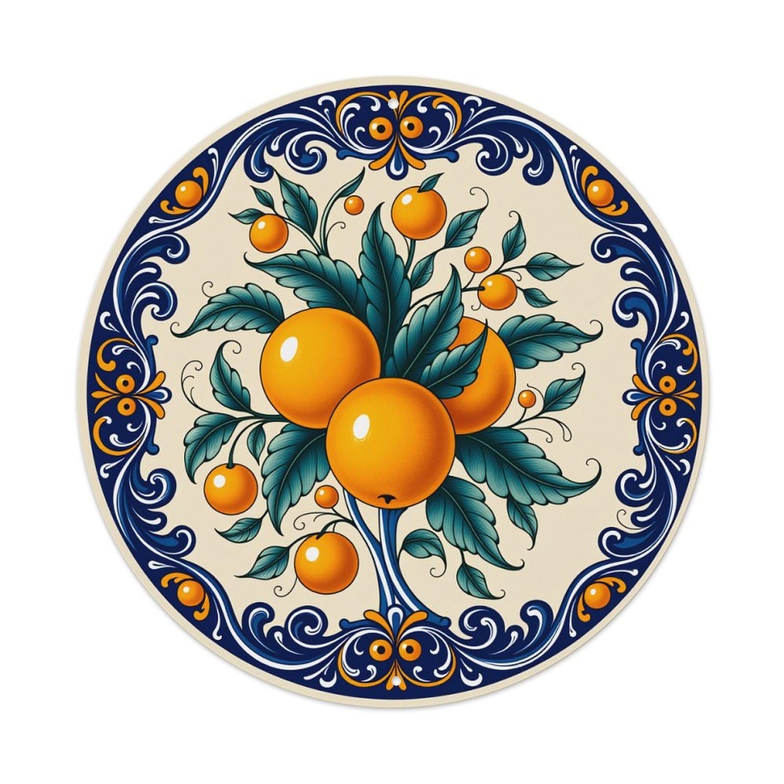 Wmlzdnwr Vintage Ornate Citrus Tree With Blue Leaves And Gold Oranges Round Tin Sign,Retro Wall Art,Metal Poster For Home, Bar, Garage, Cafe, Rustic Indoor & Outdoor Decor, 8X8 Inches
