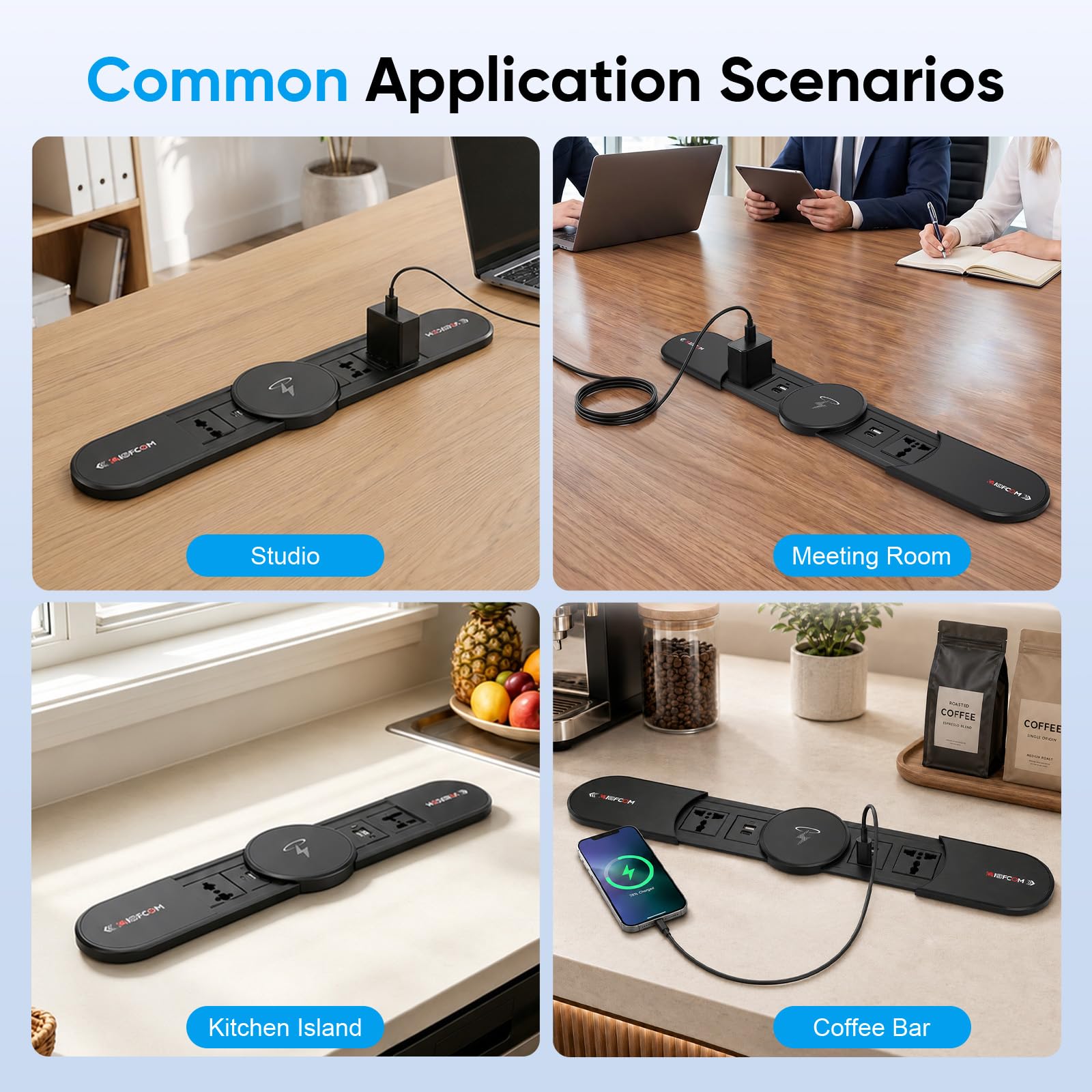 Ciabatta elettrica da incasso con 2 coperchi scorrevoli in metallo, presa a scomparsa, 4 prese con funzione di ricarica wireless da 15 W, 2 AC 2 USB A e 2 USB C, presa da tavolo a scomparsa per