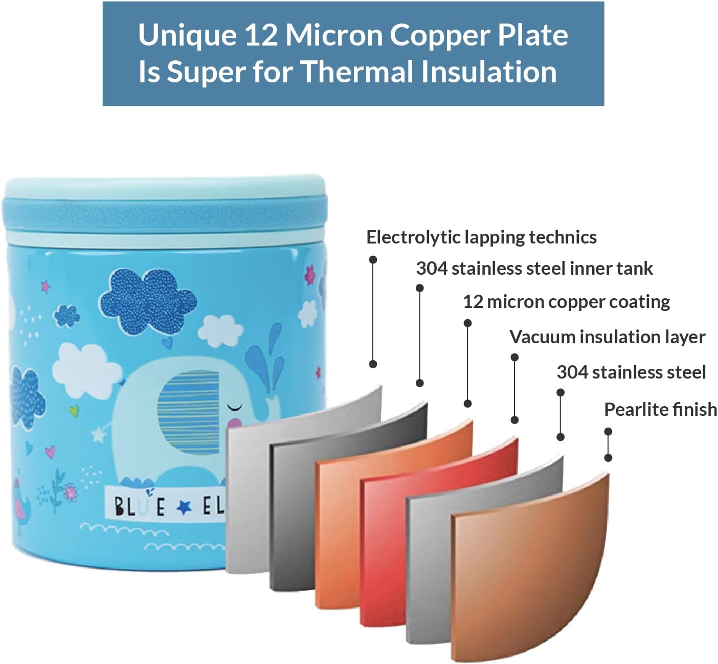 BLUE ELE Vacuum Insulated Jar & Thermos, BPA-Free Lunch Containers, Double-Wall 304 Food Grade Stainless Steel, 14 oz Keep Hot 12hr & Cold 24hr, Blue with Pattern - Image 6