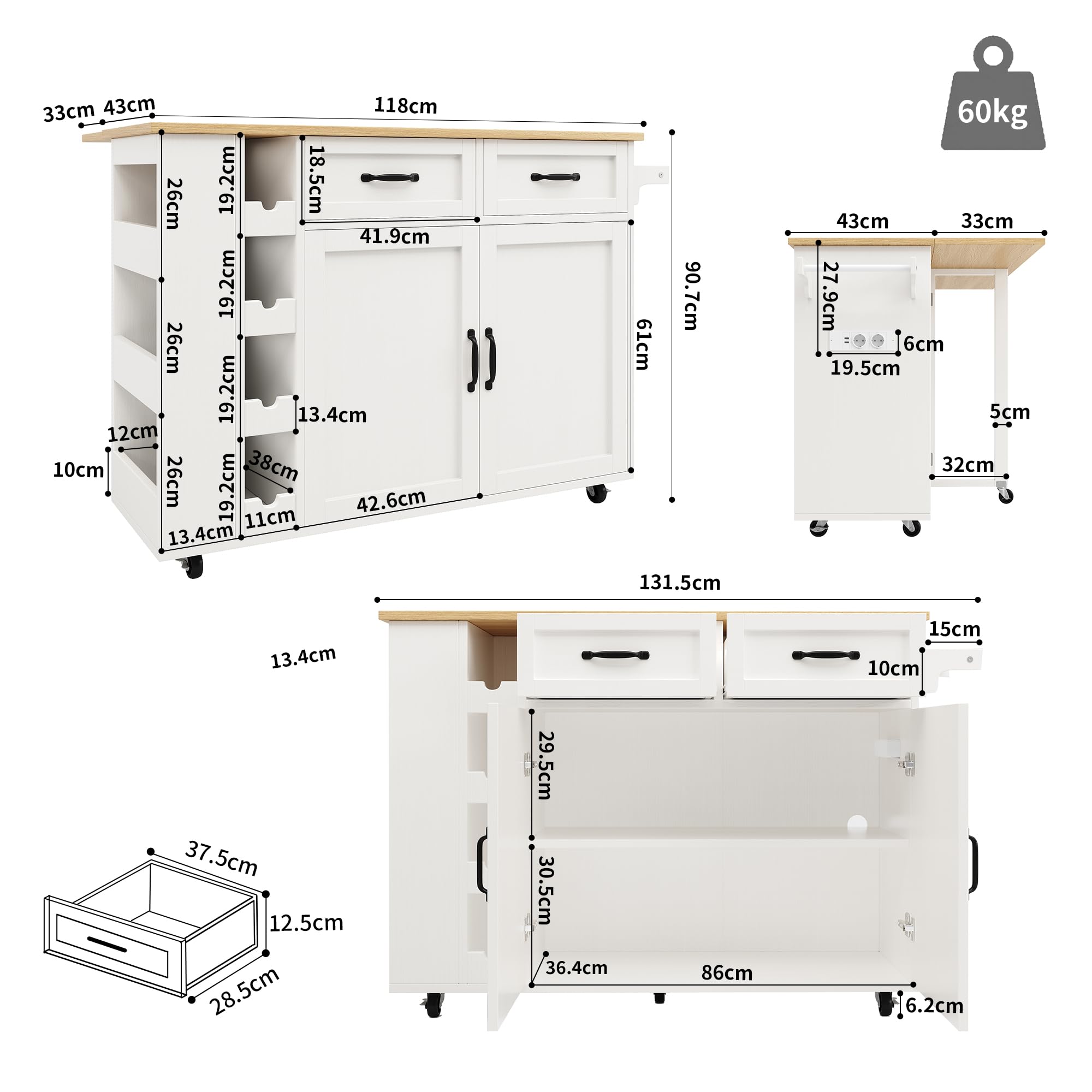 LAKFEW Isla Cocina con Ruedas y Enchufes, Aparador Cocina con Tablero Plegable y Botellero, Mueble Auxiliar de Cocina Isla de Cocina con 2 Cajones y Toallero, 131.5x43(76) x90.7 cm, Blanco+Natural