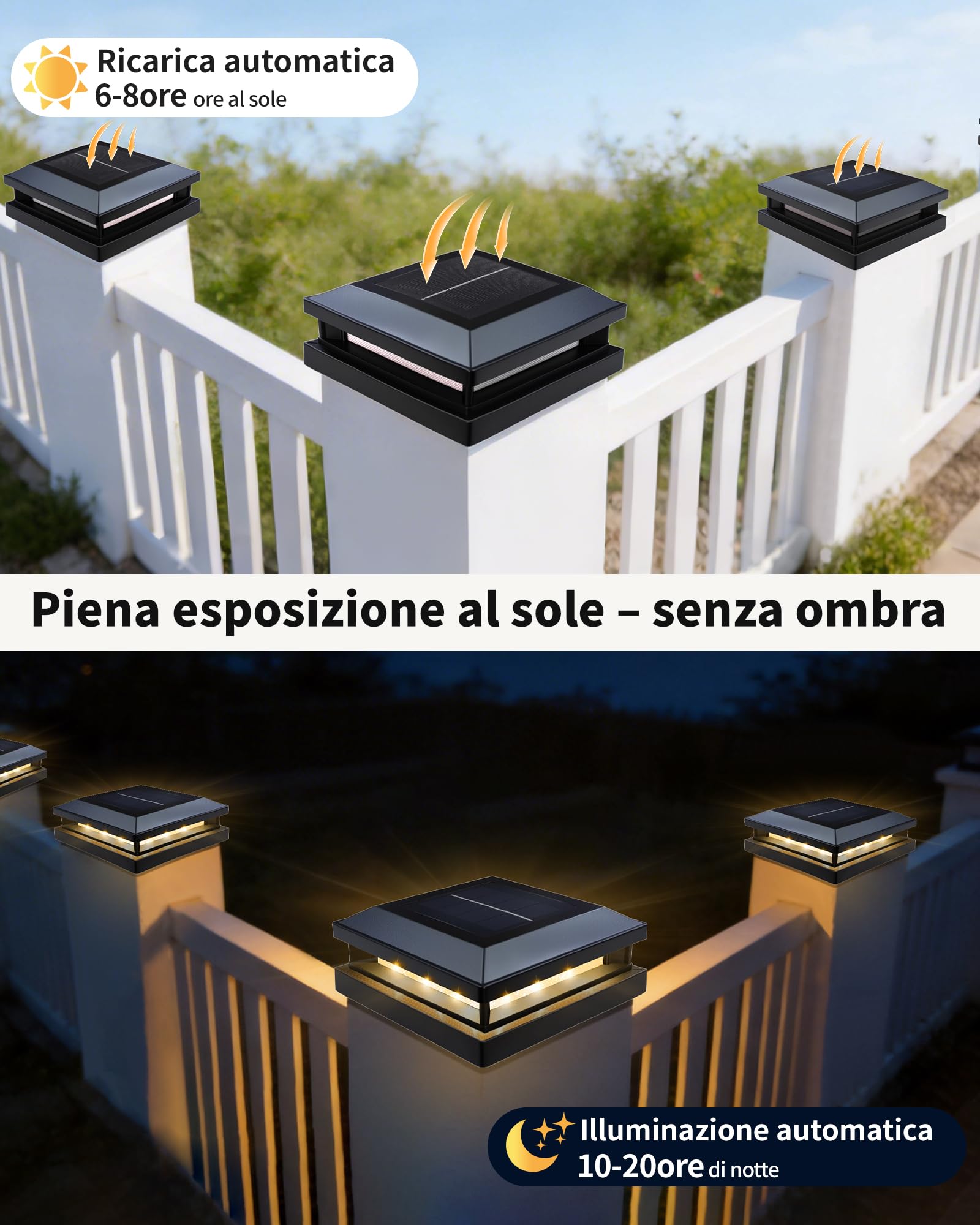 BRIMAX Plafoniera Solare per Pali 9x9 / 10x10 / 12x12 cm | 3000K/6000K Commutabile | IP65 Impermeabile | Luce per Pali di Recinzione Legno & Plastica | Autonomia 8-12h | 2 Pezzi