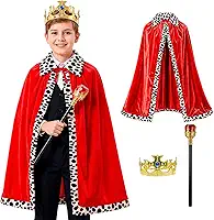 Fantasia Infantil Rei Principe pra Menino Kit Capa de Veludo Vermelha 80cm Coroa Dourada Ajustável e Cetro Real Medieval