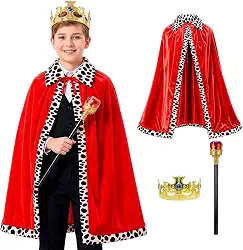 Fantasia Infantil Rei Príncipe Menino Kit Capa de Veludo Vermelha 80cm Coroa Dourada e Cetro