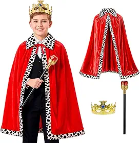 Fantasia Infantil Rei Principe pra Menino Kit Capa de Veludo Vermelha 80cm Coroa Dourada Ajustável e Cetro Real Medieval