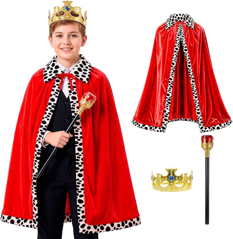 Fantasia Infantil Rei Principe pra Menino Kit Capa de Veludo Vermelha 80cm Coroa Dourada Ajustável e Cetro Real Medieval
