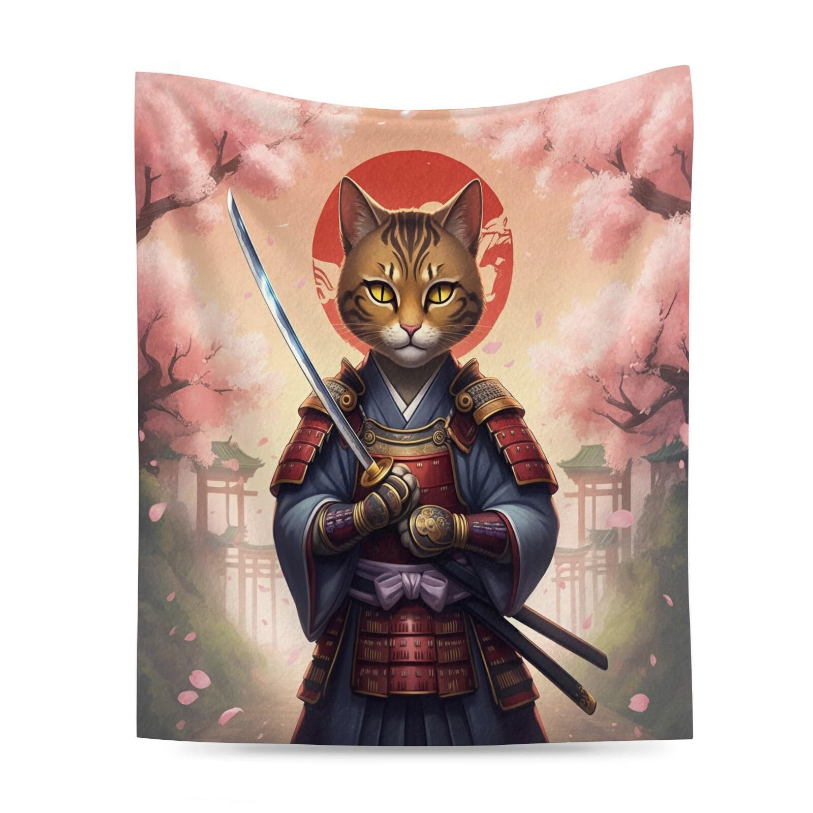 WJJFA Floral cat Fleece Blanket for Sofa Recliner Bed, Japanese Gazebo Samurai Cat Warm Flannel Blanket for All Seasons, Plush Quilt, Breathable Comforter, Washable Throw Blankets 80