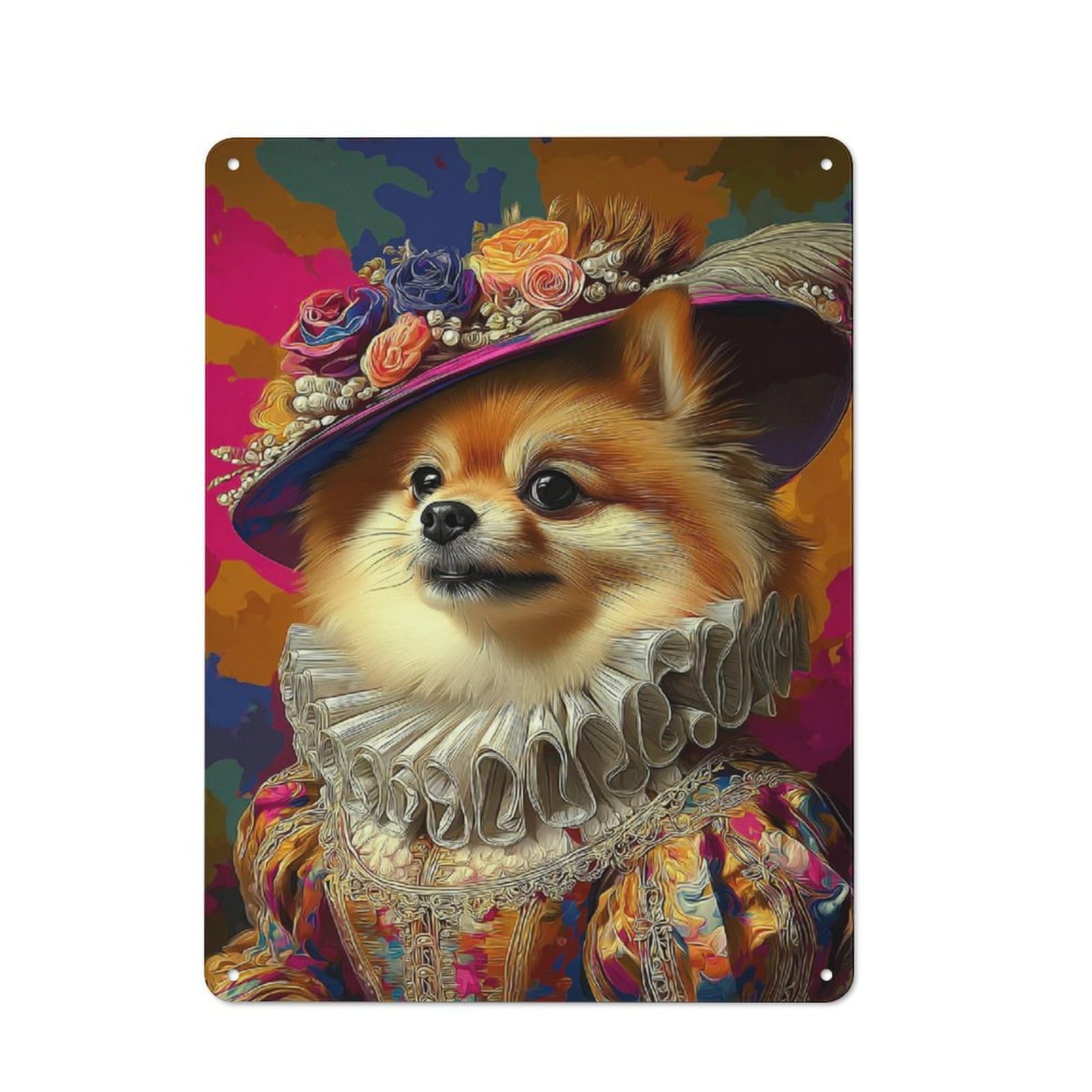 Regal Pomeranian in Renaissance Attire Rustic Metal Wall Decor 40x30cm, Decorative Tin Sign for Farmhouse Kitchen, Pantry Or Dining Area