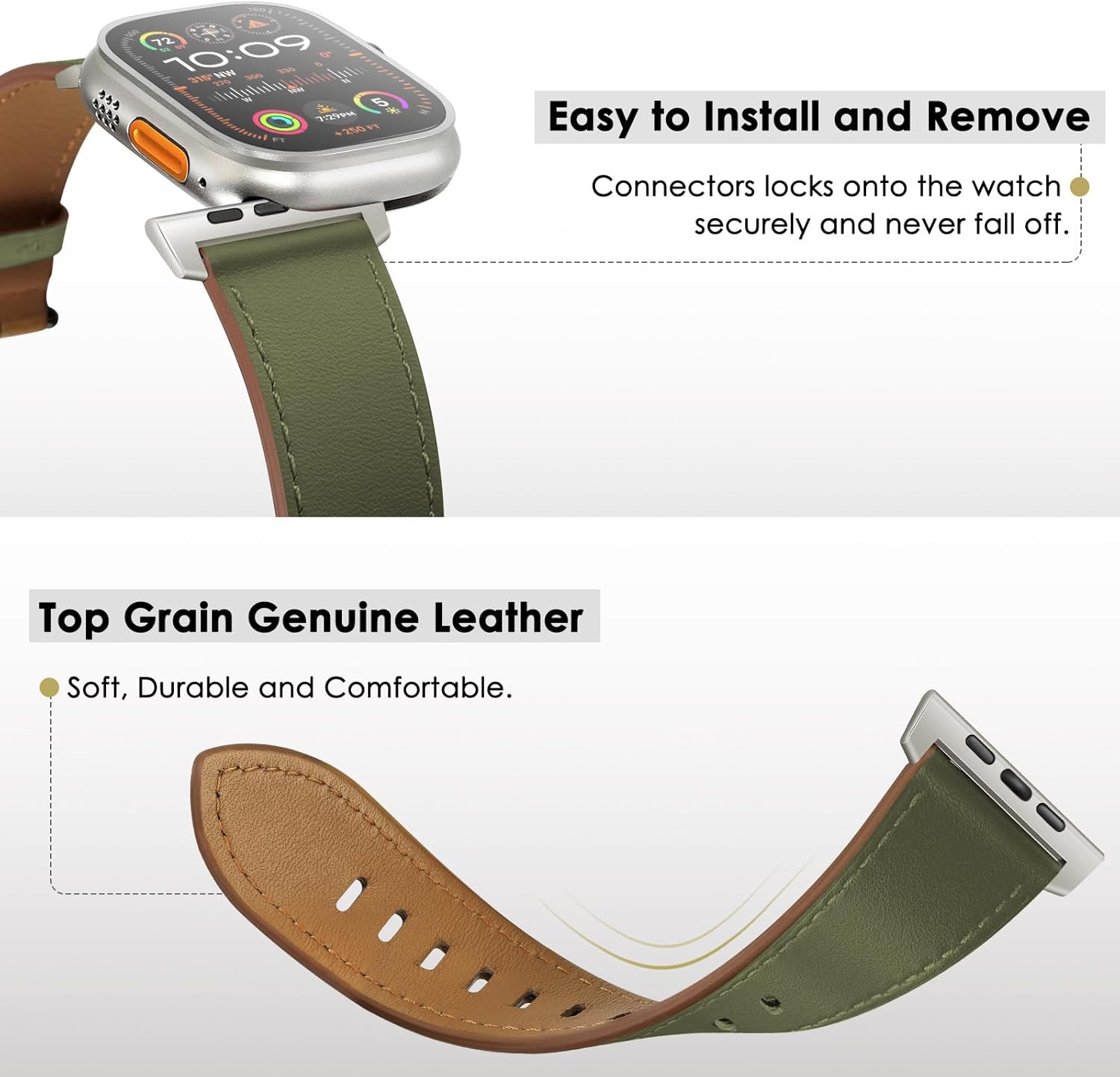 UUPWPOKT Leather Band Compatible with Apple Watch Ultra 3/2/1 Band 49mm 46mm 45mm 44mm 42mm Men, Genuine Leather Strap for iWatch Ultra Series 11 10 9 8 7 6 5 4 3 2 1 SE 3/2/1, Army Green/Titanium - Image 3