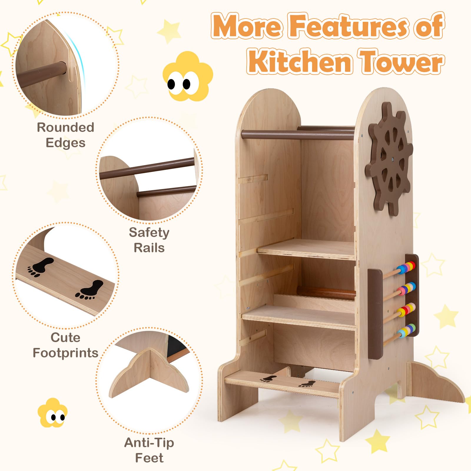 FANTASK 4-in-1 Lernturm mit Rutsche, Kreidetafel und Spielbrett | Multifunktionaler Montessori Lernturm aus Holz mit Trittleiter, abnehmbarer Kreidetafel und Spielbrett für Kinder ab 3 Jahren