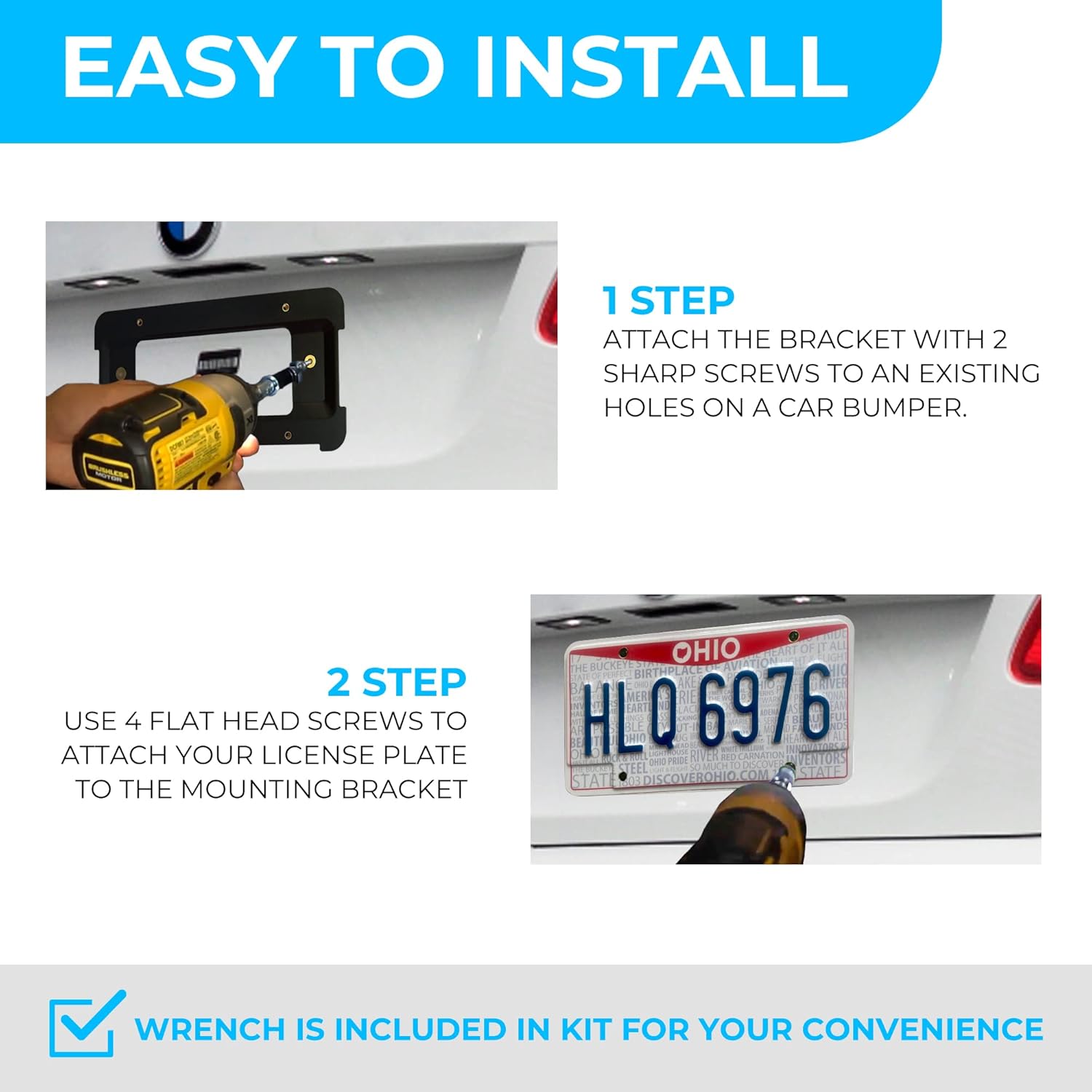 Rear Bumper License Plate Bracket for BMW 2000-2024, Plate Holder Set w 6 Screw Bolts & Wrench Kit, License Tag Mounting Kit, Quality Plate Holders (Set of 100 Units)