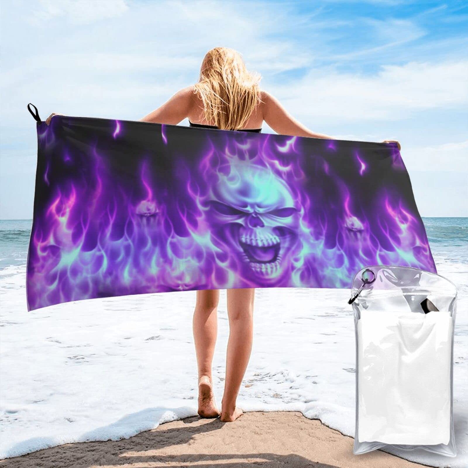 Lawenp Scary Skulls Pattern Microfiber Beach Towel Adults Large Quick Drying Bath Towel Travel Towels with Pouch 31.5"x63"