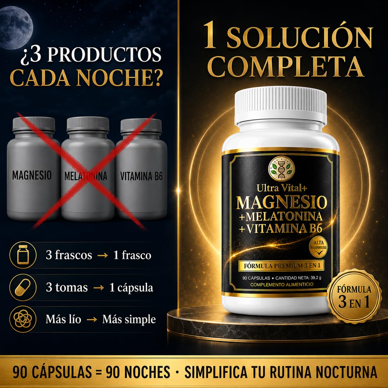 Magnesio Bisglicinato 200mg, Melatonina 1,8mg para Dormir, B6, Cáps Veganas | Glicinato de Magnesio quelado, alta absorción y B6; sin cafeína ni dióxido de titanio. 90 cápsulas, marca española con COA