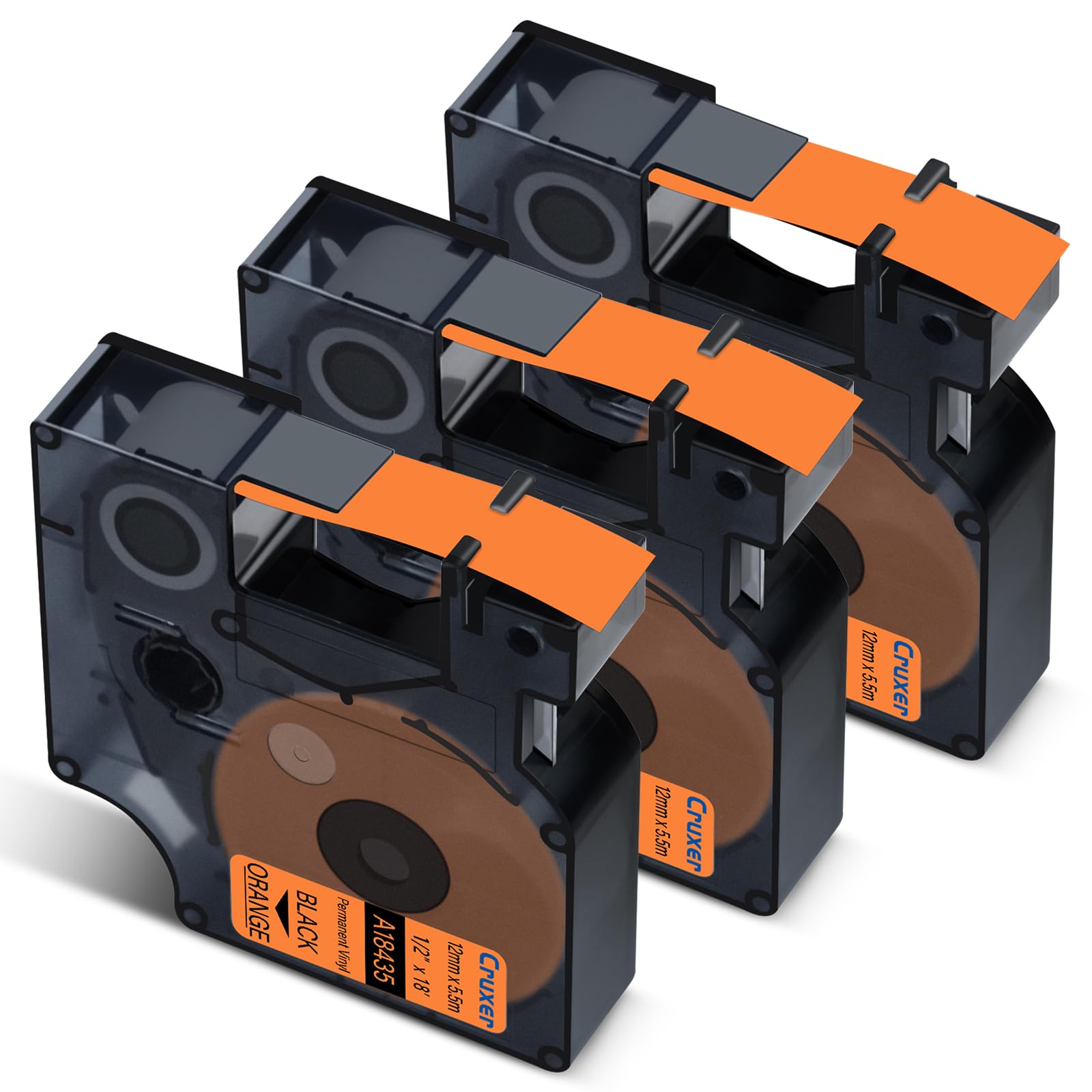 Cruxer 3-Pack Compatible for Dymo IND A18435 S0718490 Vinyl Label Tape Ribbons，Black on Orange 12mm x 5.5m Replacement for Dymo Rhino 1000 4200 6000 LabelWriter 450 Duo ILP 219 3M PL150 3M PL300