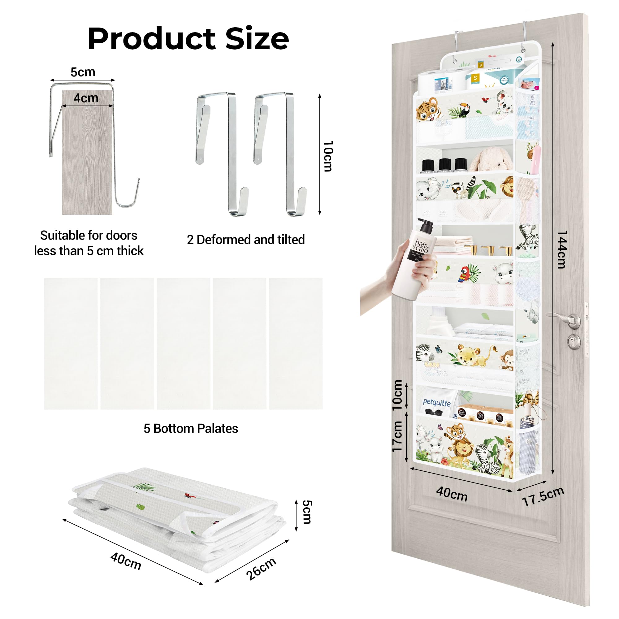 Clastyle Étagère Suspendue sur Porte de Animaux Gris à 5 Compartiments, Rangement Suspendu pour Jouets Couches Vêtements pour Enfants, Rangement Porte à Suspendre pour Chambre Salle de Bain Pantry