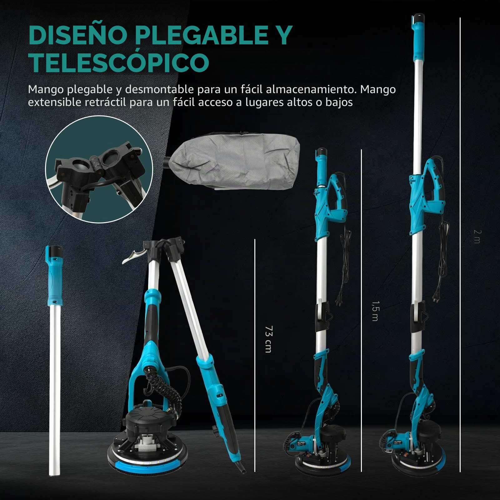 Lijadora de jirafa, 1250 W, lijadora de pared y techo, con aspirador para jirafas, construcción en seco, 1800 rpm, iluminación LED, mango telescópico, para principiantes/trabajo profesional de lijado