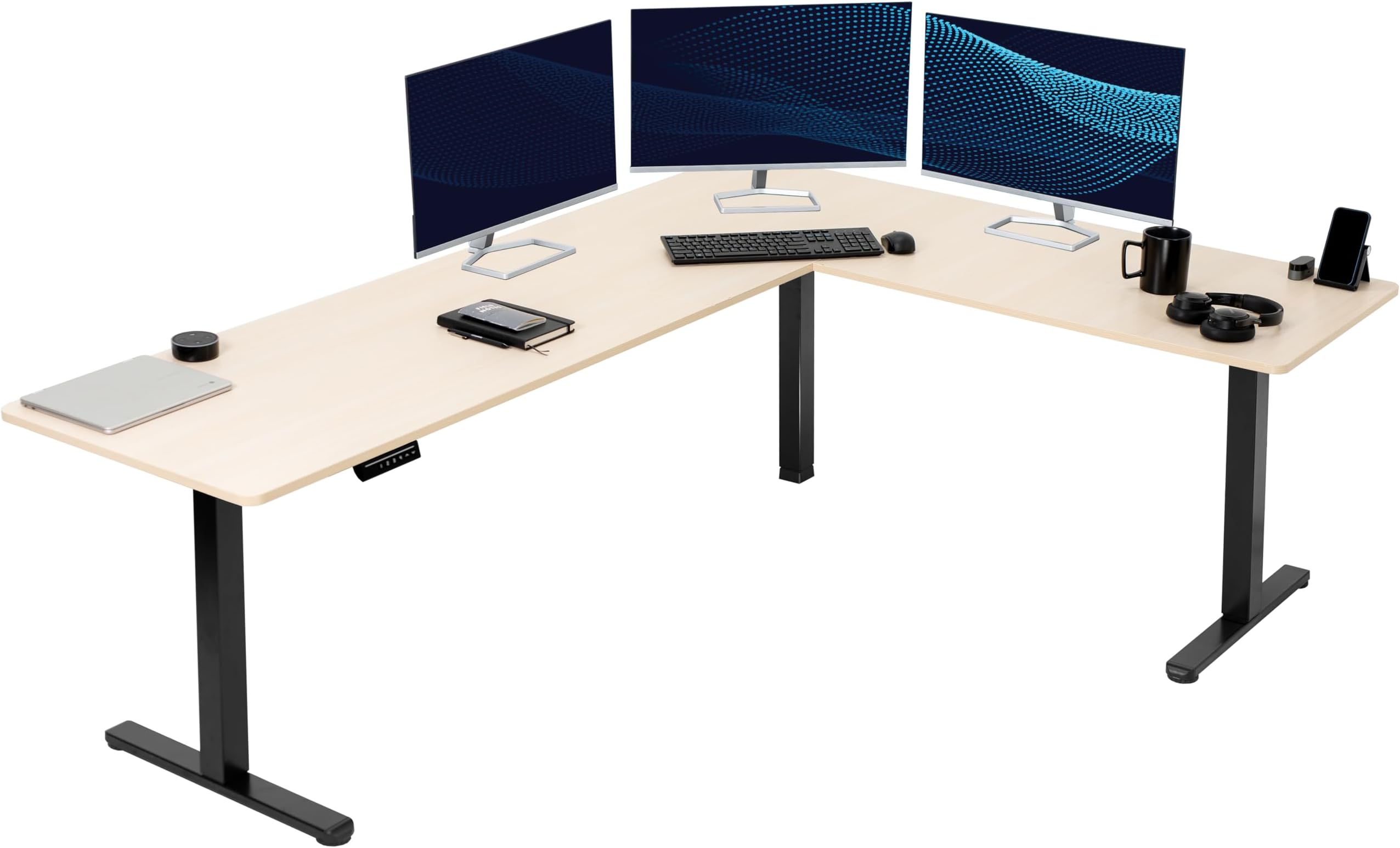 VIVO Electric Corner 84 x 63 inch L-Shaped Standing Desk, Memory Height Adjustment, Light Wood Top Black Frame, DESK-E3CTBC-84