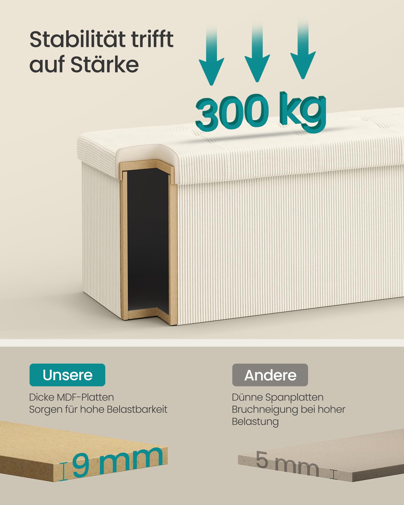 SONGMICS Sitzbank mit Stauraum, klappbare Fußbank, 38 x 110 x 38 cm, Bettbank, Aufbewahrungsbox, bis 300 kg belastbar, Wohnzimmer, Schlafzimmer, Eingangsbereich, cremeweiß LSF604W01