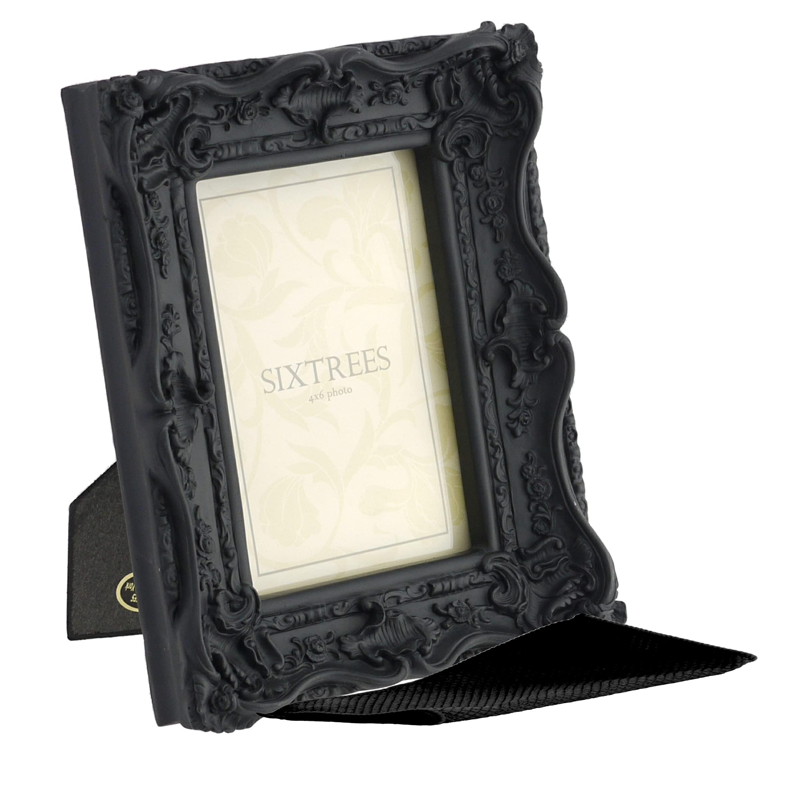 Sixtrees Black Chelsea 5-253-46 Ornate Vintage Swept Shabby Chic 6X4 Inch Photo Frame - With Microfibre Glass Cleaning Cloth.