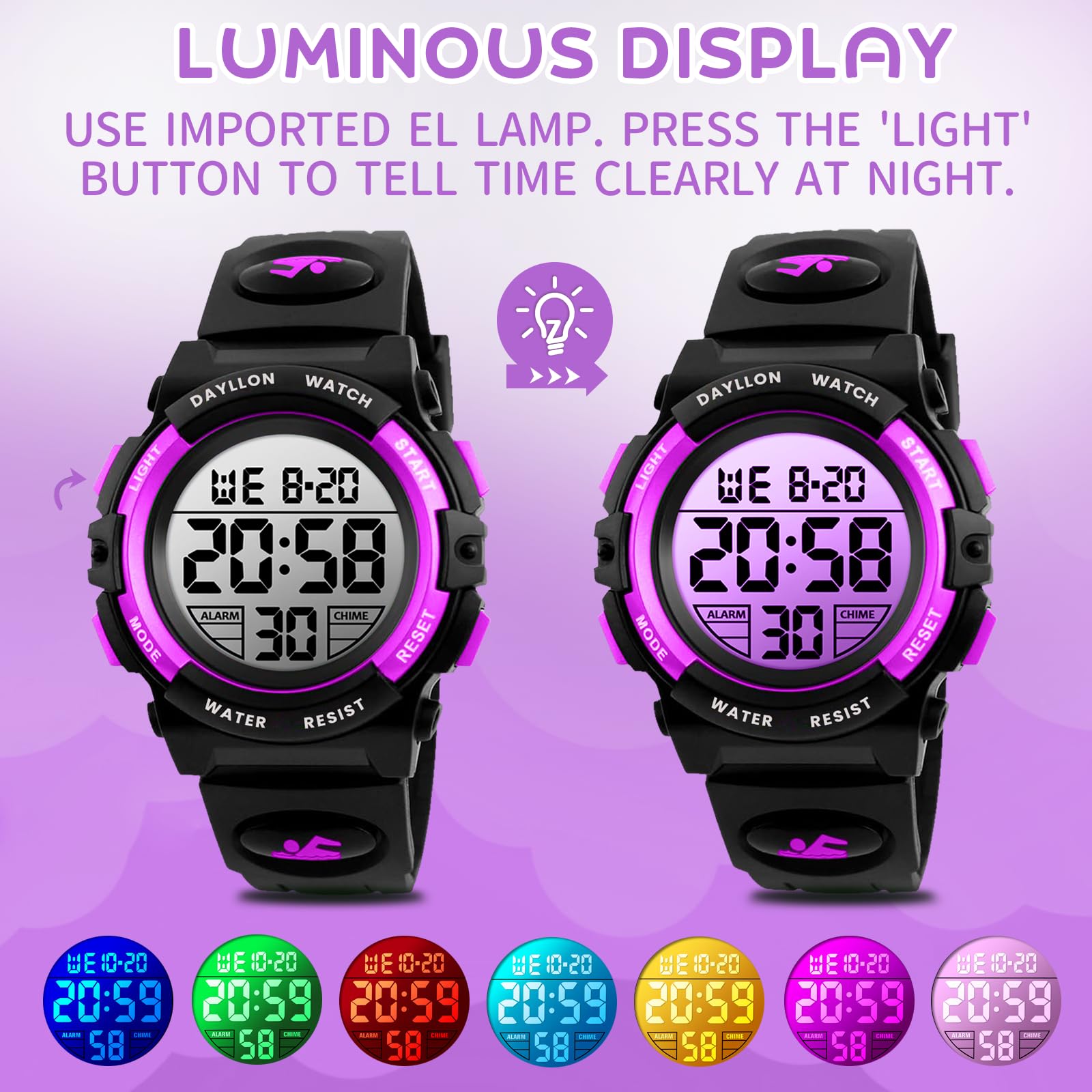 Dayllon Orologio digitale per bambini Sport all'aperto 50 m impermeabile Orologio elettronico Allarme 12/24 h Cronometro Calendario Ragazzo Ragazza Orologio analogico