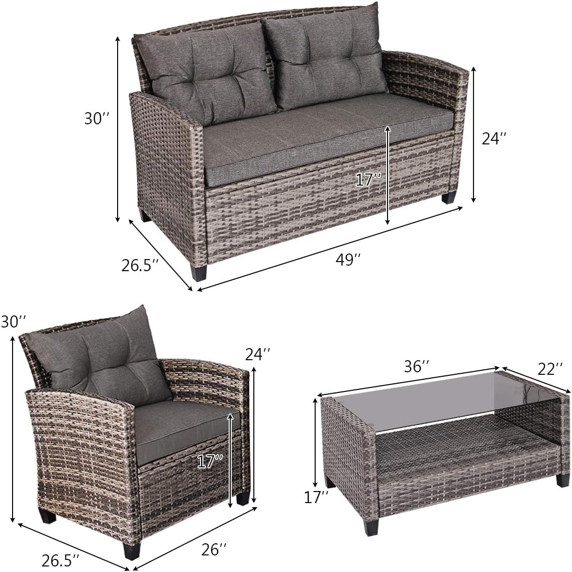 Tangkula 8 PCS Patio Wicker Conversation Furniture Set, Outdoor Rattan Sofa Set with Padded Cushion & Tempered Glass Coffee Table, Wicker Sectional Sofas & Table for Courtyard Balcony Garden (2, Grey)