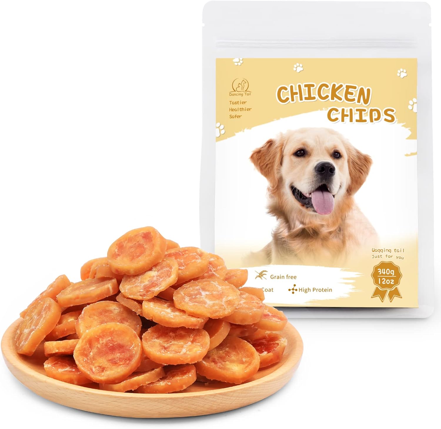 Dancing Tail Dog Treats Chicken Jerky Chips, Natural High Protein Limited Ingredient Chewy Treat for Small Medium and Large Dogs 12 Ounce