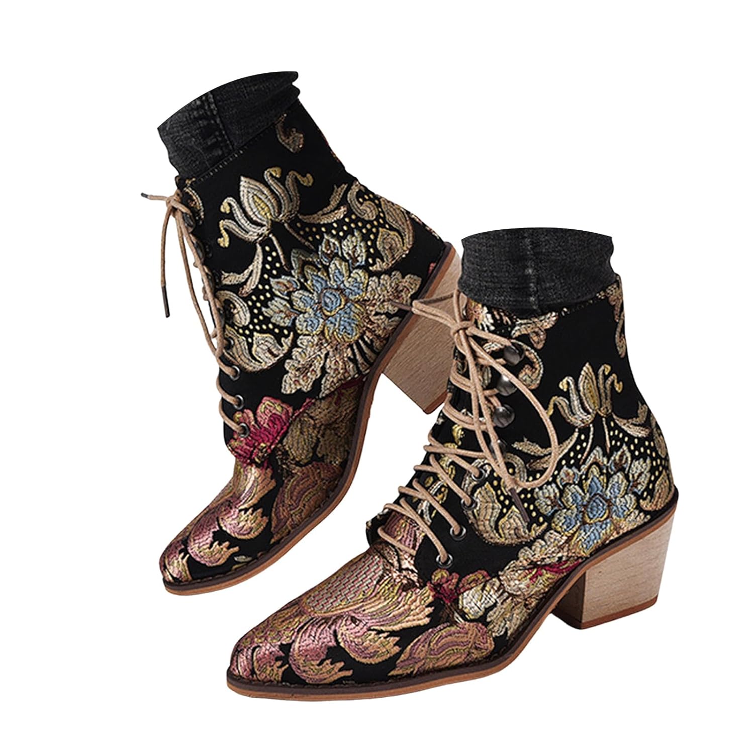 Womens Vintage Floral Embroidered Block Heel Cowboy Boots Heighten Ethnic Ankle Booties for Women Bride Wedding Party Pointed