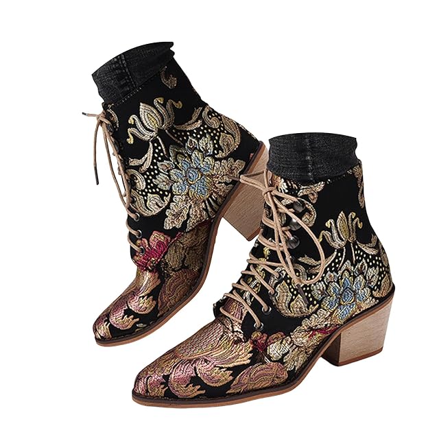 Womens Vintage Floral Embroidered Block Heel Cowboy Boots Heighten Ethnic Ankle Booties for Women Bride Wedding Party Pointed