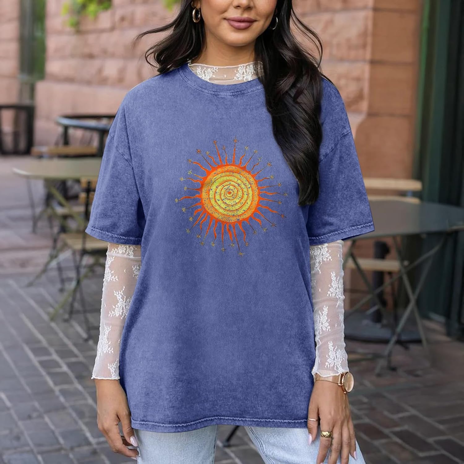 Vintage Oversized Sun Aesthetic Graphic Tees Distressed Band T Shirts for Women Boyfriend Baggy Casual Shirt Tops - Image 4