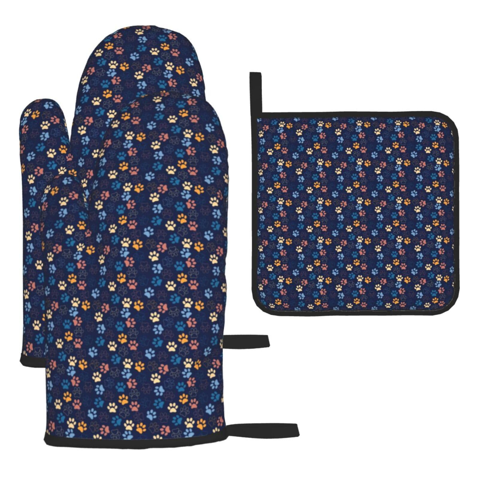 Cute Dog Paw Print Oven Set Kitchen Gloves Baking Grilling Microwaving Cooking Gift Everyday Holiday