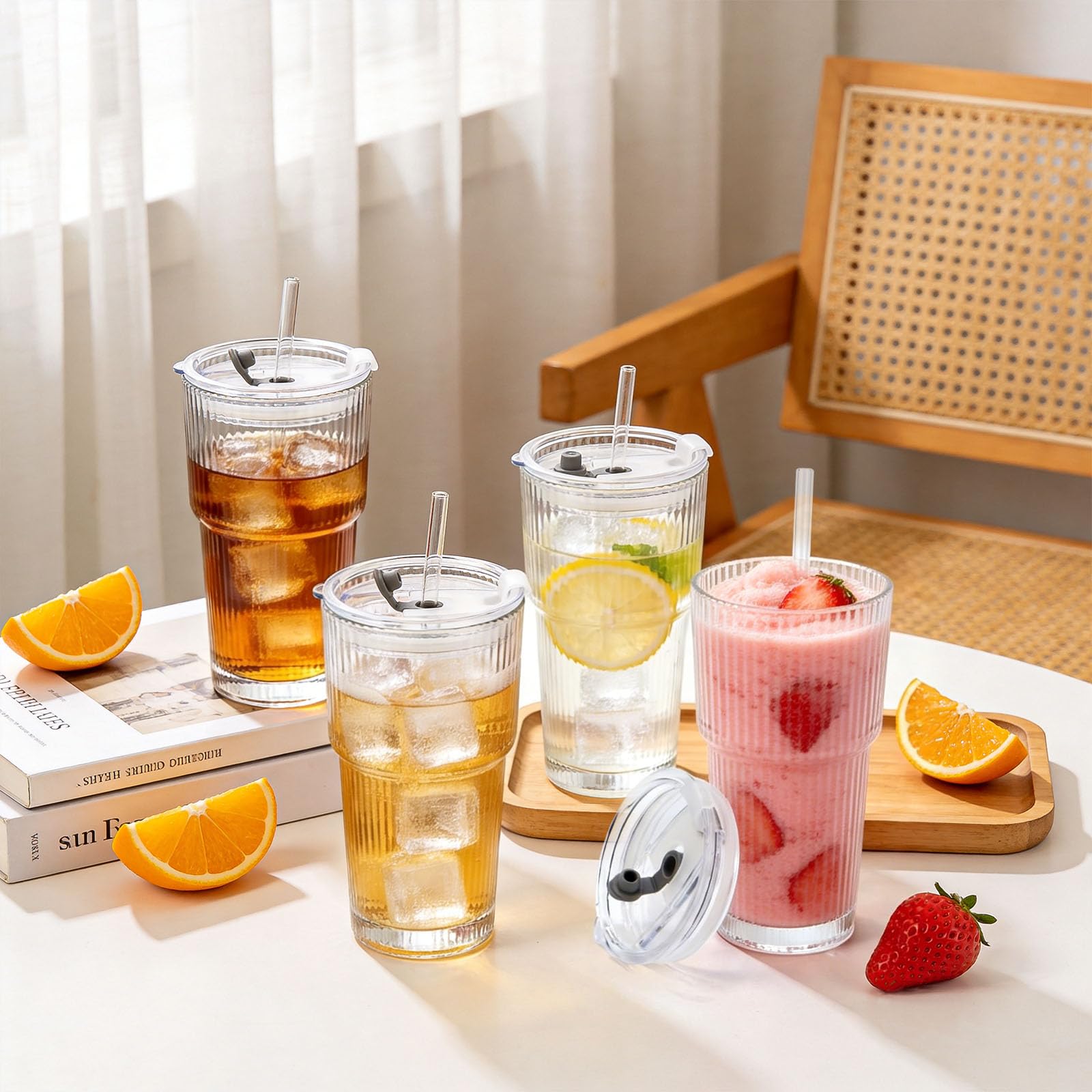 Juego de vasos de cristal de cocina verticales con tapa y pajita, diseño hermético e impermeable, vasos con tapa, ideales para café, batidos, cócteles (4 unidades)