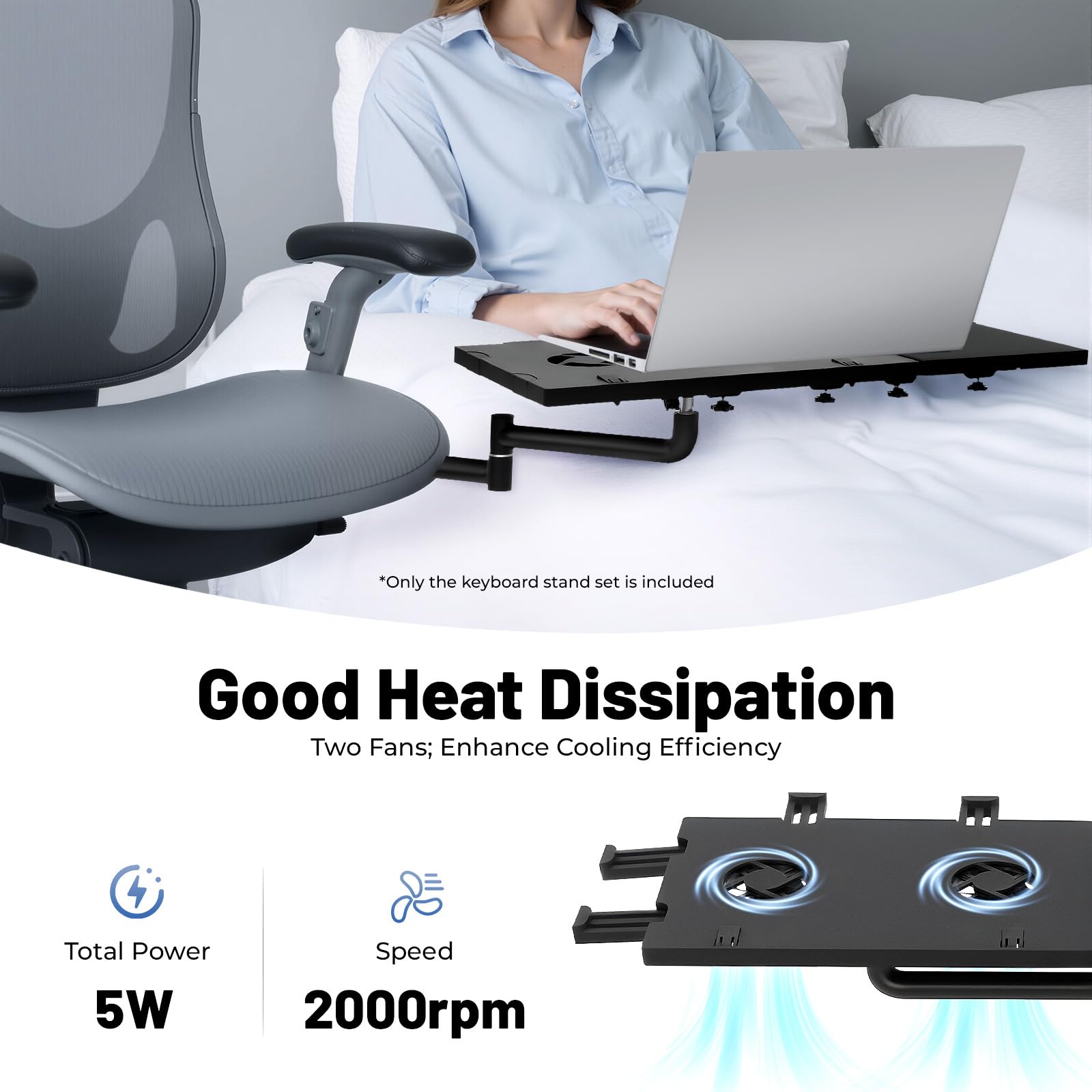 Supporto per tastiera con tappetino per mouse e bracciolo, supporto per tastiera mobile con 2 ventole, accessori per computer, altezza regolabile, larghezza per ufficio, ergonomia per 8-12