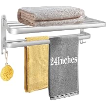 Towel Rack for Bathroom, Bath Towel Holder with Double Towel Bar and Fold-able Towel Shelf, Rustproof Towel Organizer Wall Mounted Towel Storage Hanger for Bath/Balcony/Lavatory24In Sliver