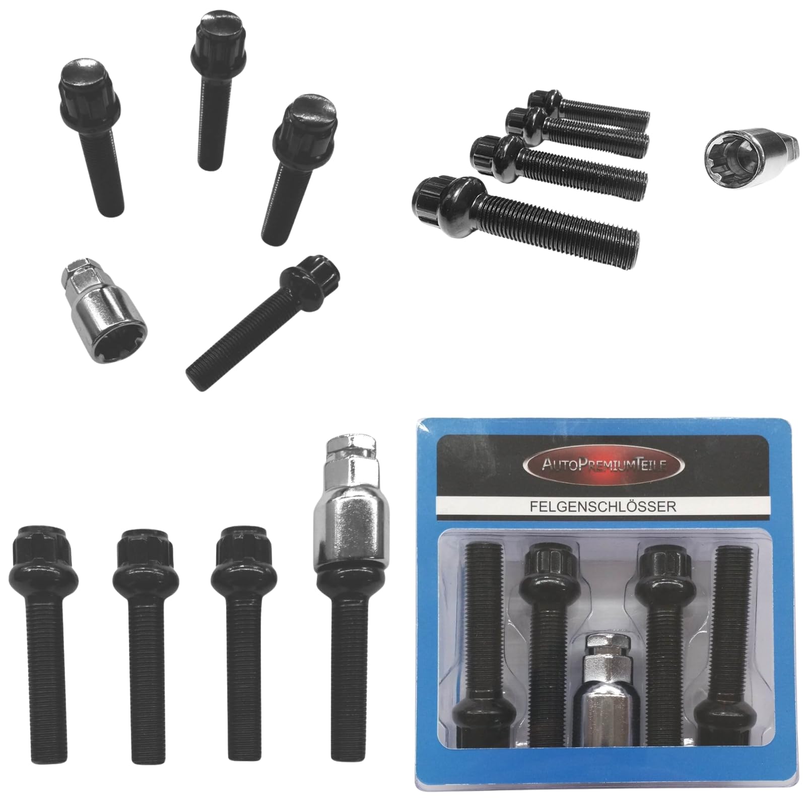 Blokada do felg M14 x 1,5 x 55 mm, ściągacz kulowy R14, 4 x czarne zamki do felg, 4 szt. w zestawie