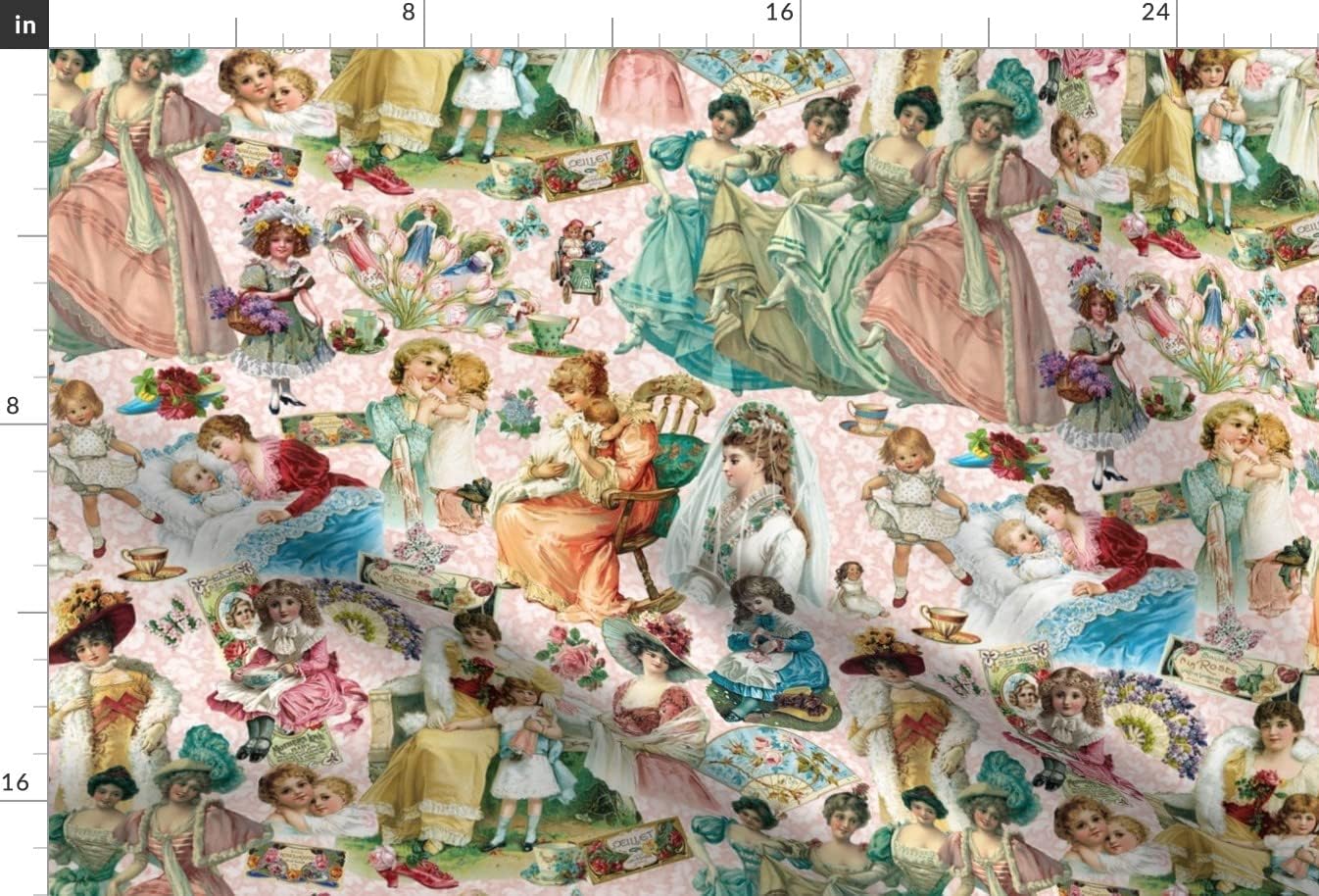 Spoonflower Fabric - Vintage Children Tea Cups Dance Printed on Upholstery Velvet Fabric Fat Quarter - Upholstery Home Decor Bottomweight Apparel