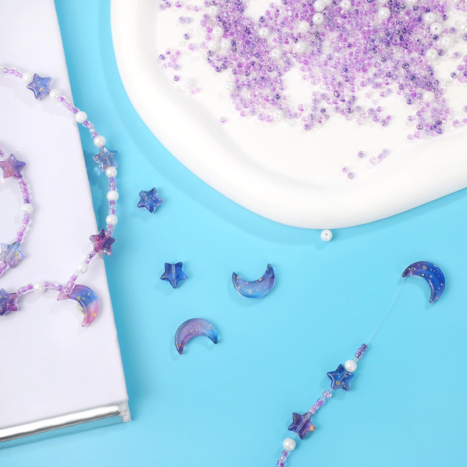 2200pcs Star Moon Beads,Seed Glass Beads for Jewelry Making Pearl for DIY Making Jewelry DIY Craft Bracelets Necklaces Earrings with Elastic String (Purple) - Image 4