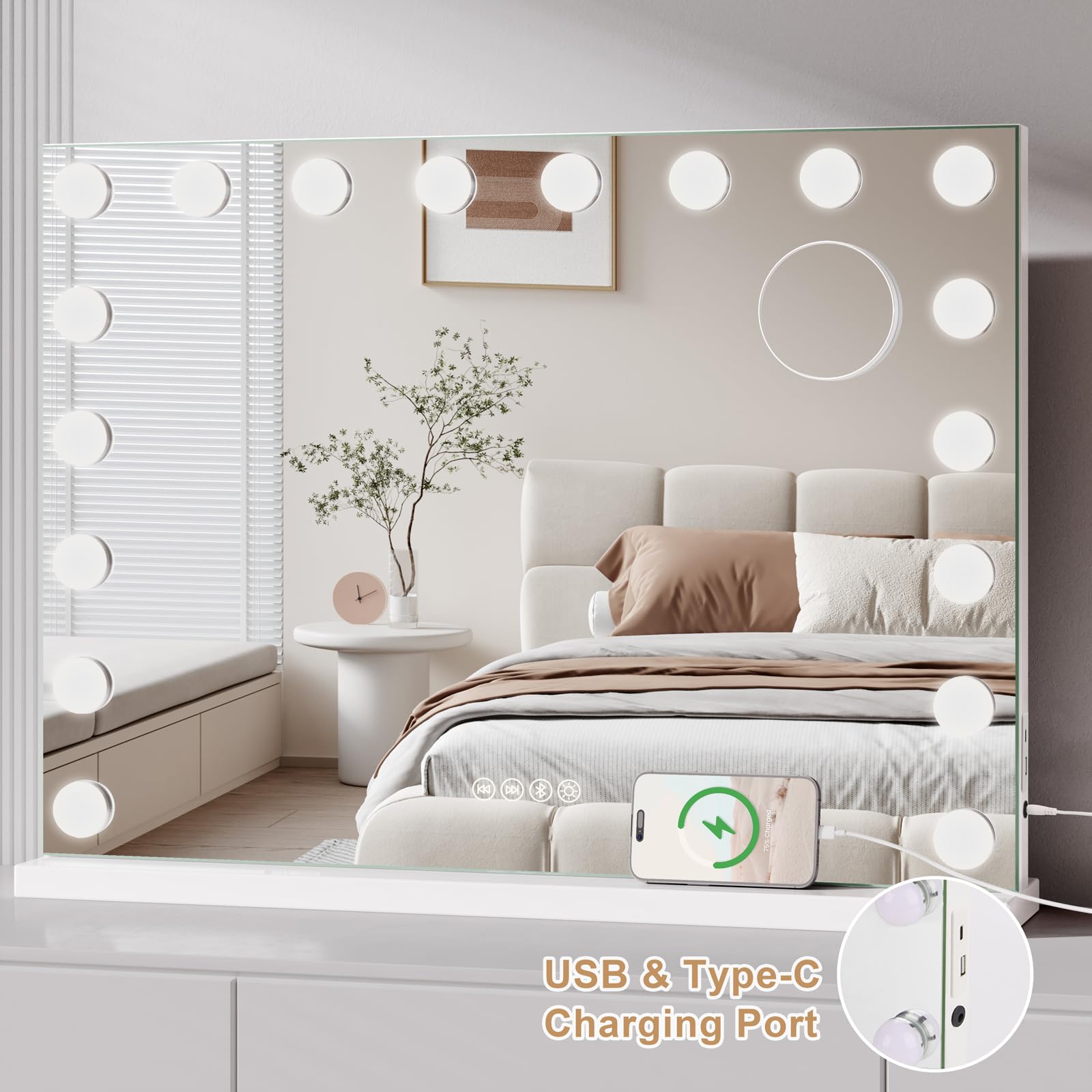 Dripex Miroir Maquillage Hollywood Bluetooth, 18 Ampoules LED 80 x 60 cm, Miroir Coiffeuse Lumineux Contrôle Tactile, Luminosité Réglable, sur Table & sur Mur, Port USB et Type-C - Blanc