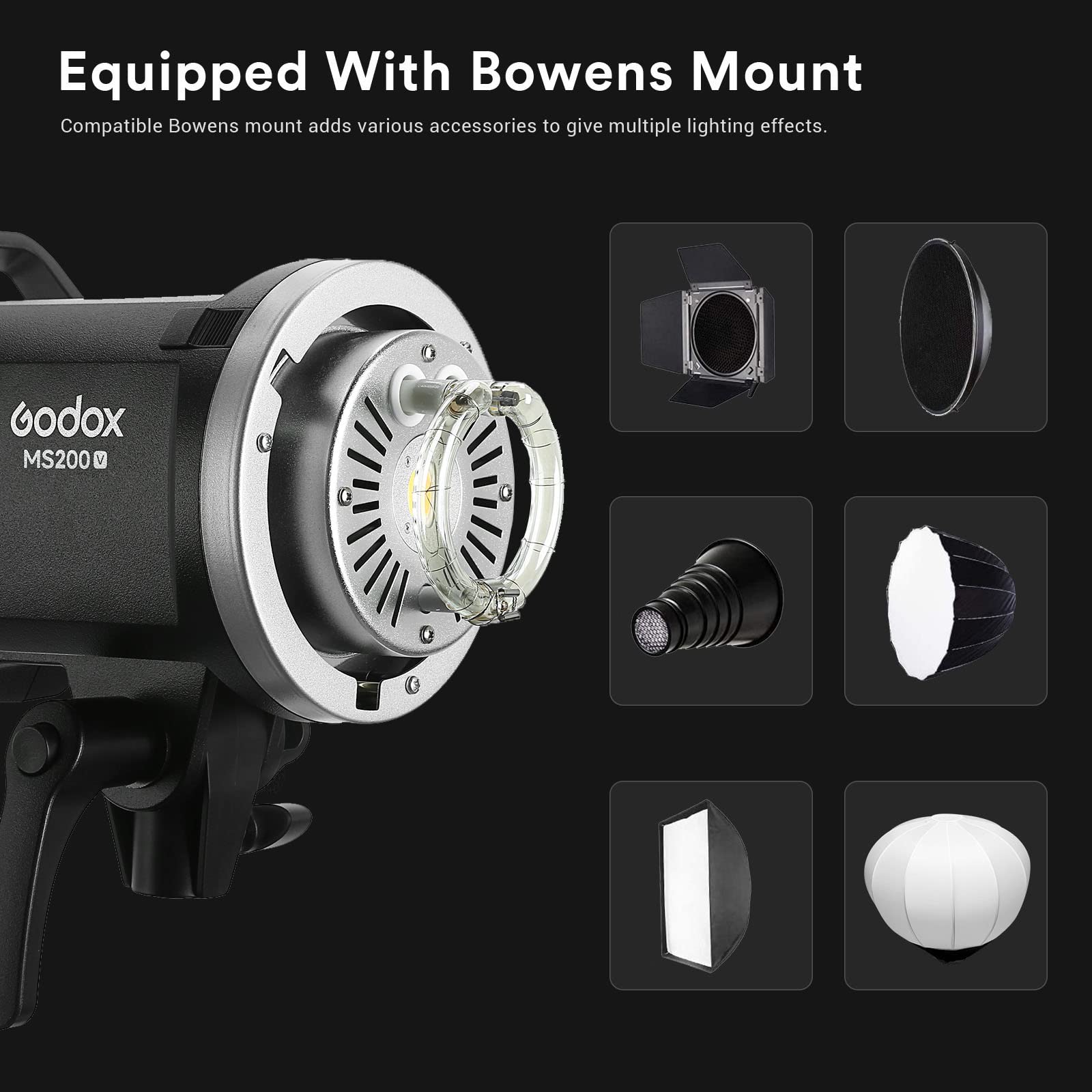 Godox MS200-V MS200V Flash da Studio 200W, GN53 5800K, Tempo di Ricarica 0.1-1.3s, Bowens Mount, sistema 2.4G X per Fotografia Illuminazione Portrai Monoluci Flash Light