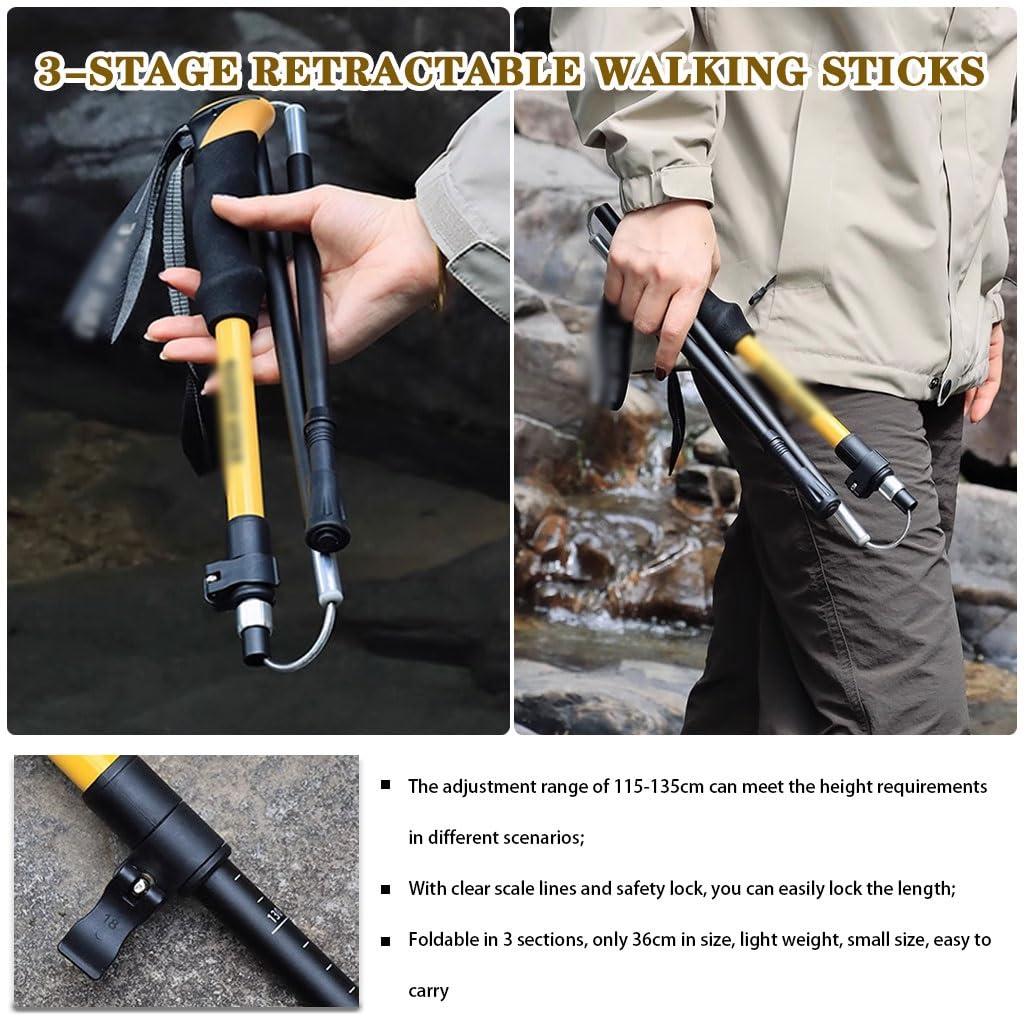 Bastoni da Passeggio Pieghevoli Leggeri, Bastoncini da Trekking Regolabili da 2 Pezzi, Attrezzi da Trekking con Design A Tre Pieghe, per Zaino in Spalla(Yellow Color)