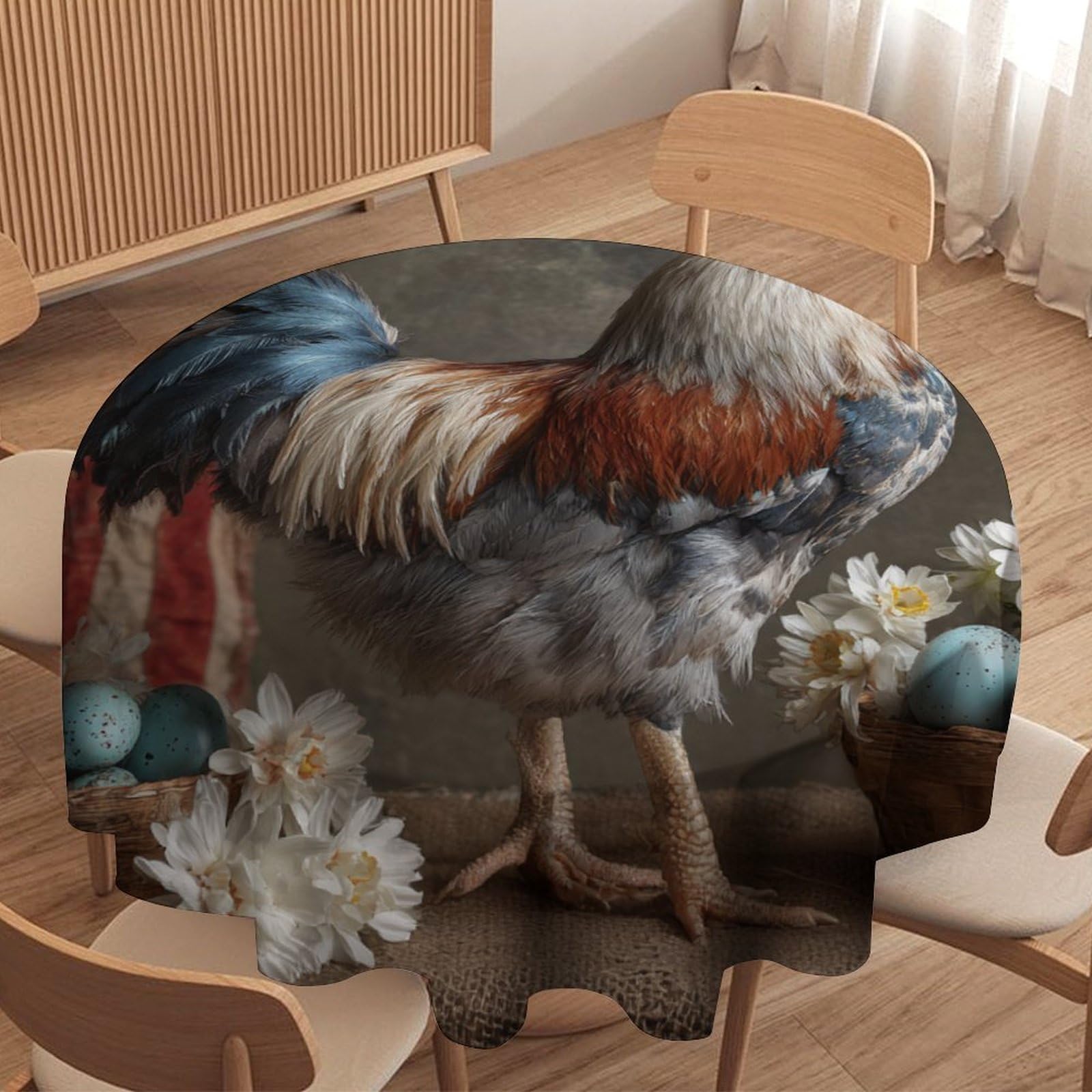 LUYYSKY Beautiful Classic Animal Chicken Waterproof Round Tablecloth Realistic Patriotic American Flag Daisies Flowers Animal Rooster Washable Table Cover for Kitchen-177.8" Wx177.8 L cm